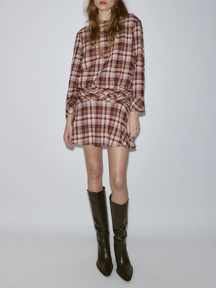 

Sweet Faionable Plaid Long Sve round Ne Dr Women's New Arrival Winter 2025 Midi Dr Ele Par Gown