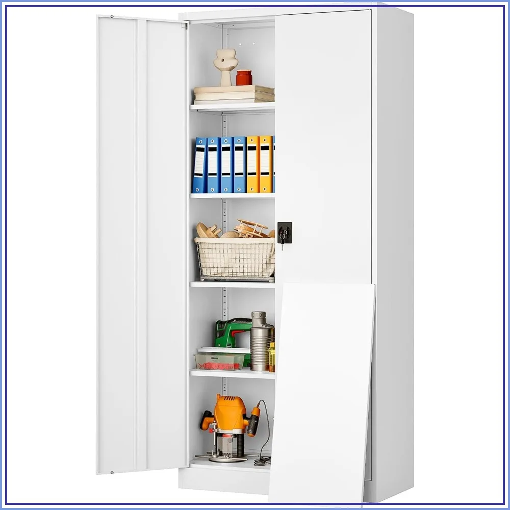 Metal Storage Cabinet with Adjustable Shelves, White Lockable Steel Cabinet 72