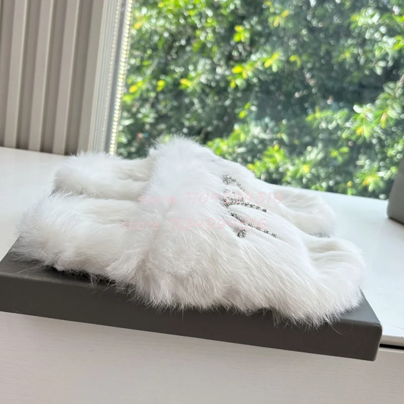 Brown Fur Rhinestone Bow Flat Slippers Women Shiny Crystal Open Round Toe Slip On Slippers 2025 Fashion Soft Casual Outdoor Shoe