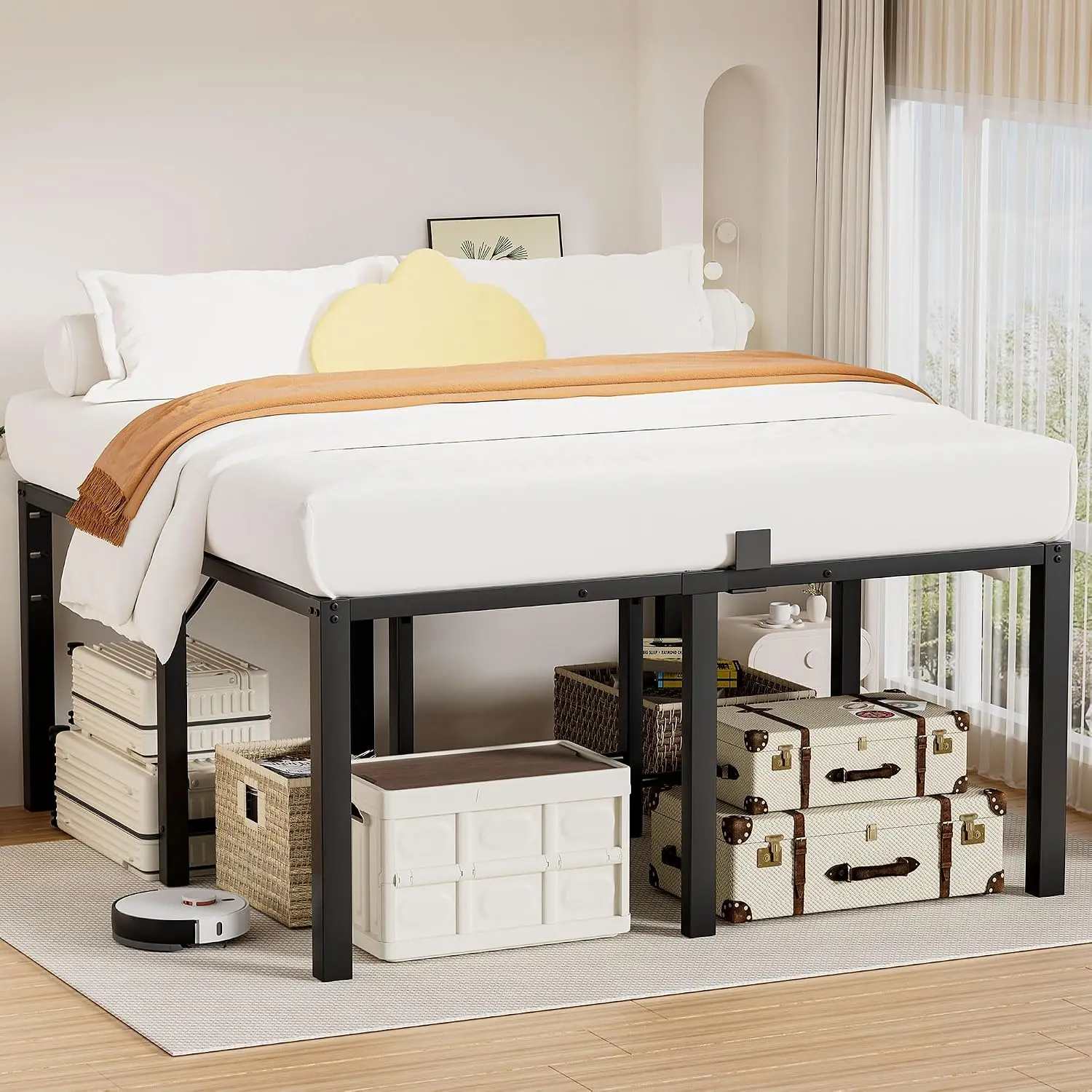 24 Inch King Size Tall Bed Frame, 3500 LBS Metal Platform Bed Frame, Black | Heavy Duty High Bedframe with 4, Customized