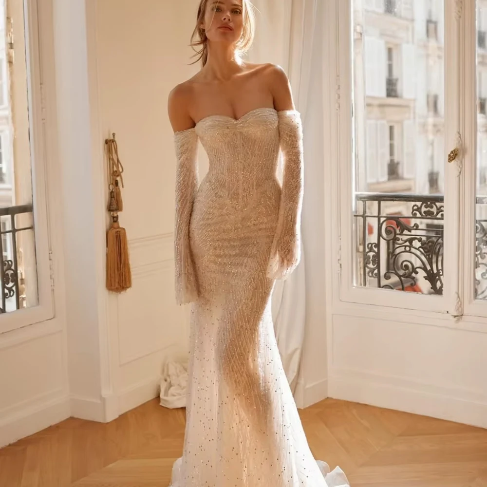 Personalizado novo bordado contas rendas sereia vestido de casamento fora do ombro longo vestido de noiva 2026 cautivante vestido de baile