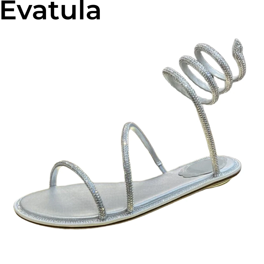 2025 Summer Fairy Flat Sole Crystal Sandals Women Open Toe Snake Ankle Wrap Rome Sandalias Outdoor Casual Beach Shoes Female