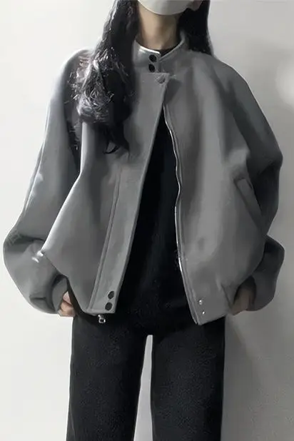 

Vintage Gray High-end Textured Suede-like Jacket with A Stand Collar for Women, New Spring and Autumn Versatile Bomber Jacket