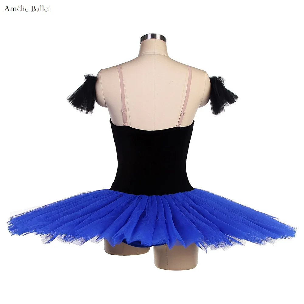 BLL093 Black Stretch Velvet with Blue Pre-Profesional Ballet Dance Tutu with Arm Bands Girls and Women Performance Pancake Tutus