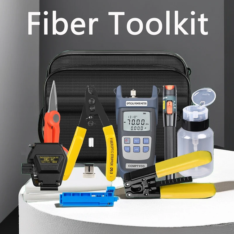 FTTH Fiber Optic Tool Kit with SKL-6C Fiber Cleaver -70~+10dBm Optical Power Meter 10mw Visual Fault Locator Scissors