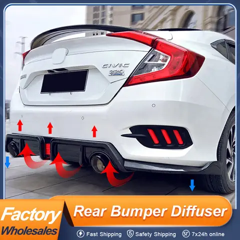For Honda Civic 10th Gen 2016 2017 2018 Rear Bumper Diffuser With Led Lamp Exhaust Pipe Bodykit Exterior Decoration Accessories