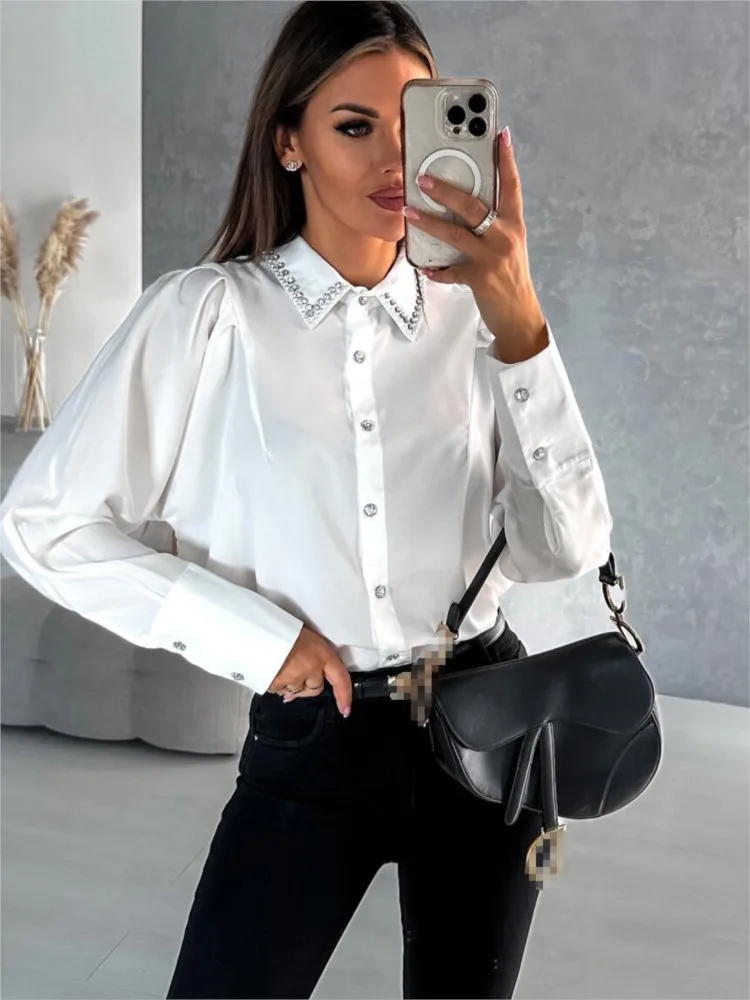 Camisas E Blusas Elegant Women Office Shirt White Loose Fitting Long Sleeved Shirt, Diamond Neckline Spring/summer Fashion 2024