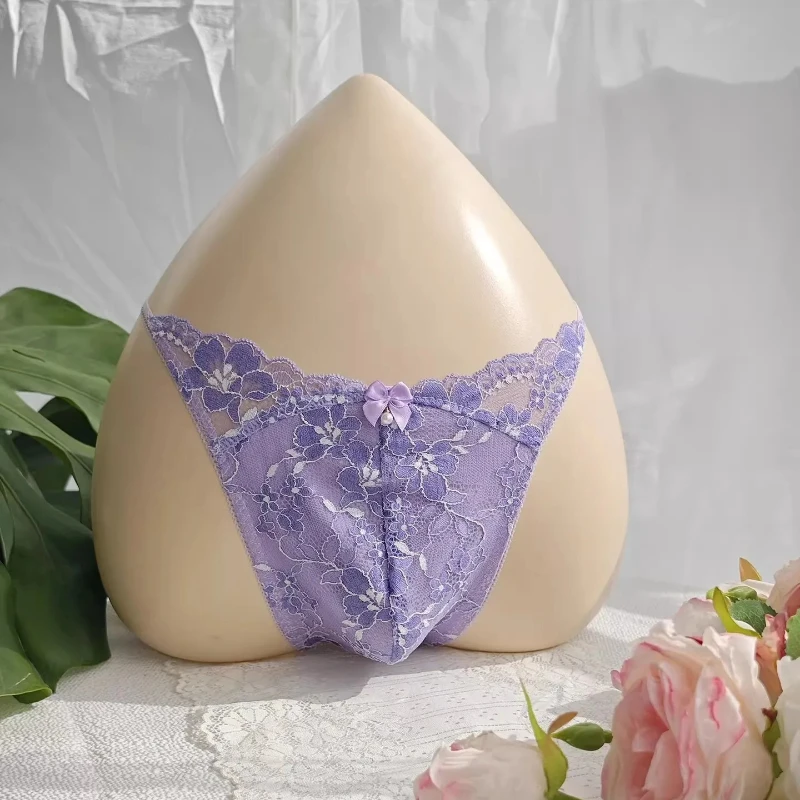 Sexy Purple Lace Man T-brief Embroidery Low-rise Lace T-back Thong Cotton Gusset Underwear Comfortable and Breathable