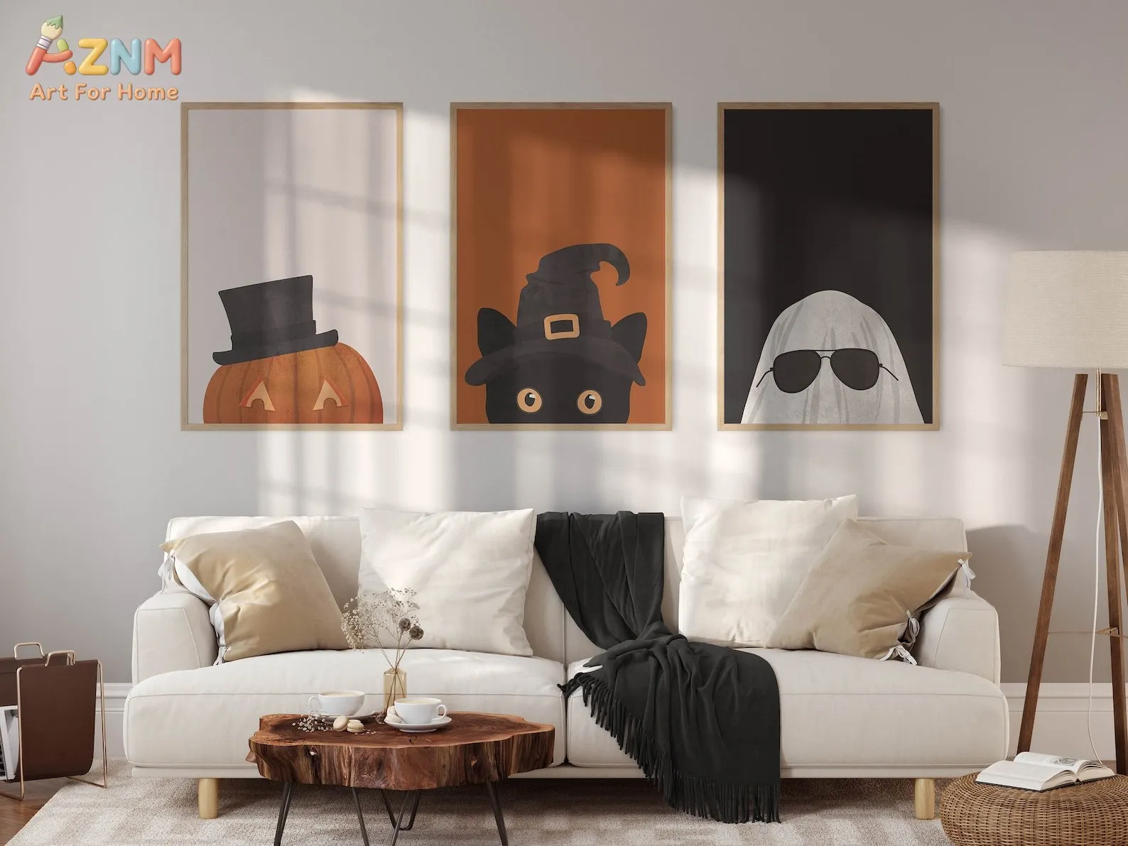 Halloween Print Set of 3, Peeking Ghost Cat and Pumpkin Art Prints, Trendy Halloween Gallery Wall, Large Wall Art