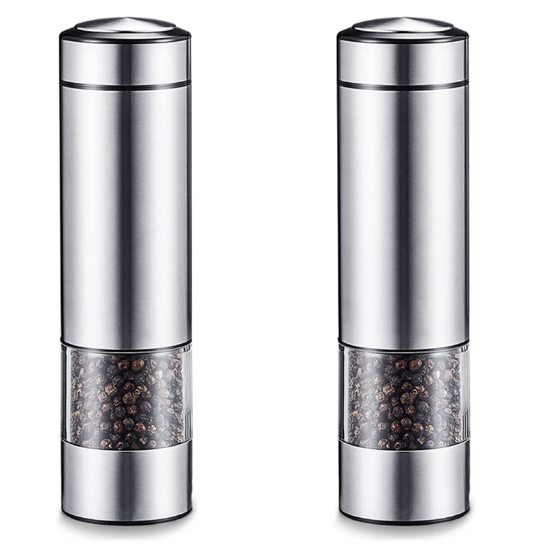 

2X Electric Pepper Grinder, Automatic Pepper Mill Grinder, Stainless Steel Battery Operated Salt Grinder Refillable