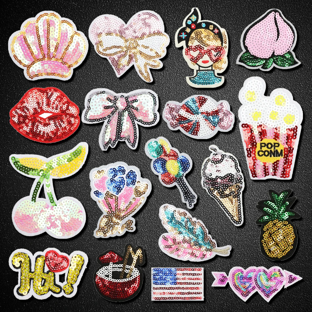 Cartoon Mouth Bow Sequined Patches For Cloth Girls Sequin Badges Iron on Appliques DIY Stripes For Kids Jackets Bags Stickers