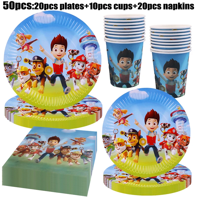 Neue Paw Patrol Geburtstagsparty-Dekorationen: Pappteller, Becher, Servietten, Tischdecke, Tischgeschirr, Paw Patrol Happy Birthday Party-Zubehör – Detail 1