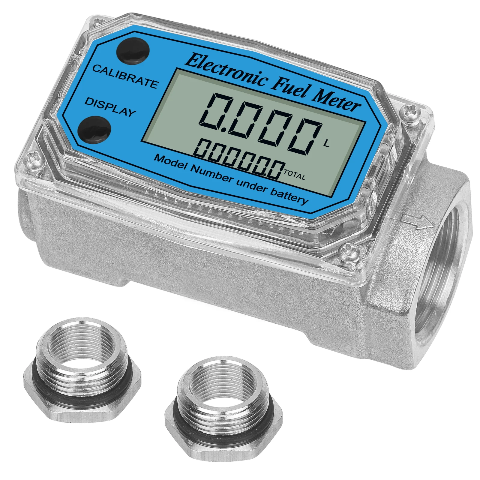 

1" Digital Turbine Flow Meter with 3/4" Adapters, for Measuring Water, Diesel, Gasoline, and Other Liquids