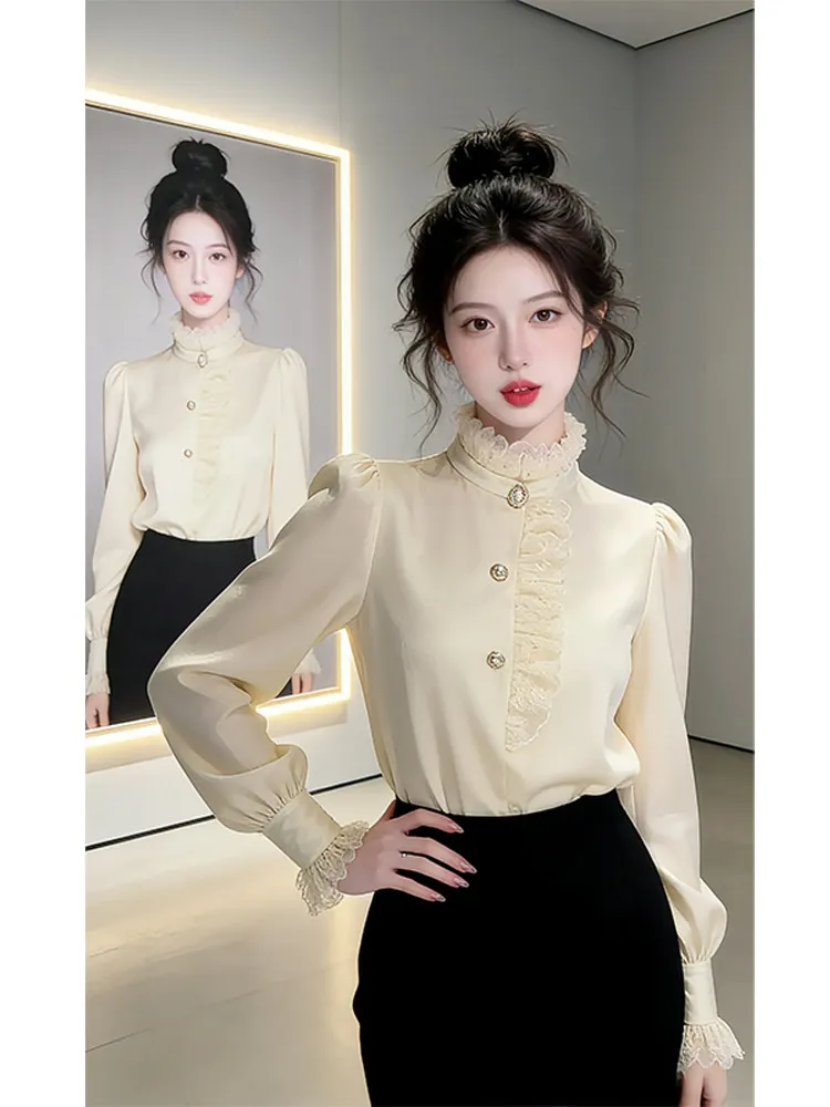 

Шикарная женская блузка с кружевными вставками и воротником-стойкой, абрикосового цвета, для повседневной носки, приталенная, с длинными рукавами, укороченная, однотонная