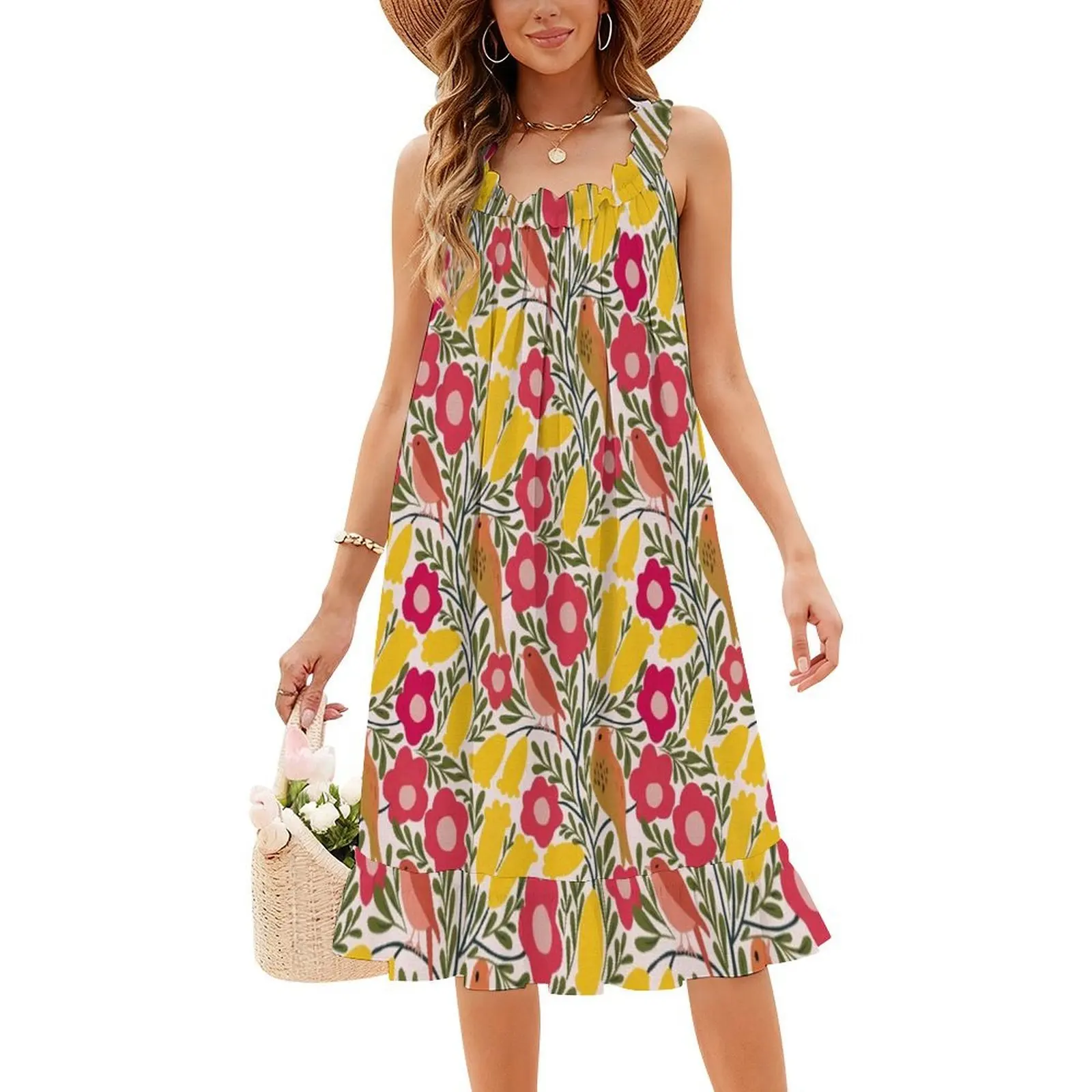 فستان بوهيمي بدون أكمام للطيور والزهور، فستان متعدد الطباعات لحفلات العطلات على الشاطئ