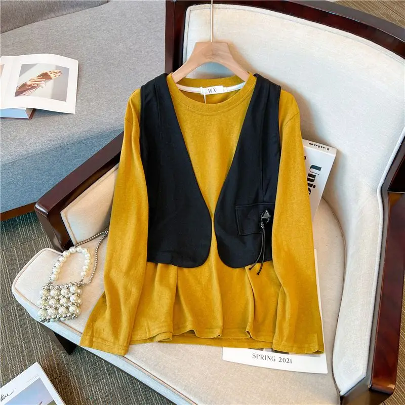 Casual Fashion Round Neck Solid Color T-shirt Women's Clothing Autumn Simplicity All-match Female Long Sleeve Tops Two Piece Set