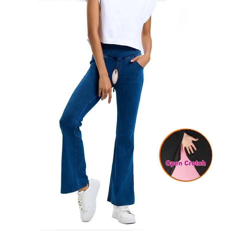 

Women's Open Crotch Autumn and Winter New Cross-waist Jeans Women's High Elastic Hip Lift Double Pockets Sports Wear Fitness