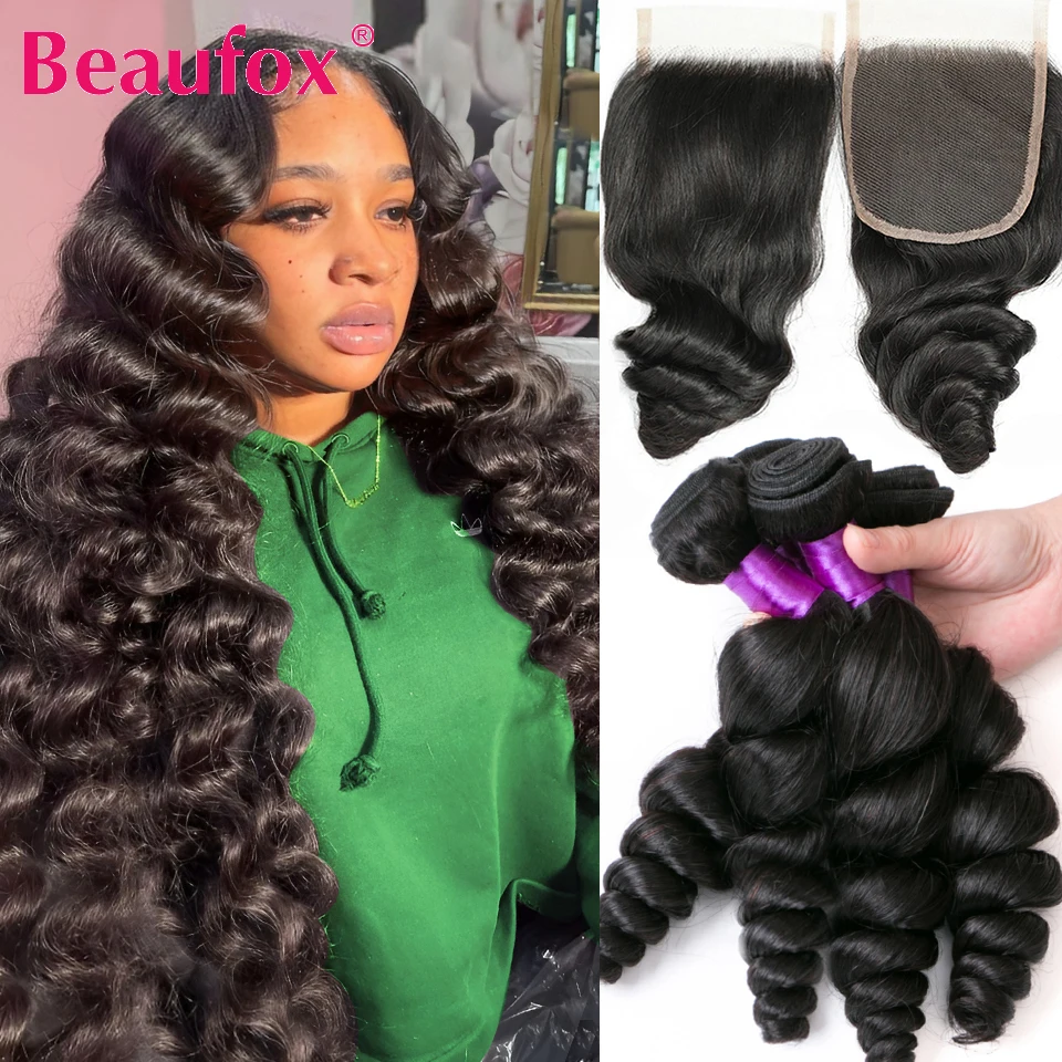 Beaufox Loose Wave Bundles With Closure Peruvian Human Hair Bundles With Lace Closure Remy Hair Extensions 8-30 Inch Hair Weave