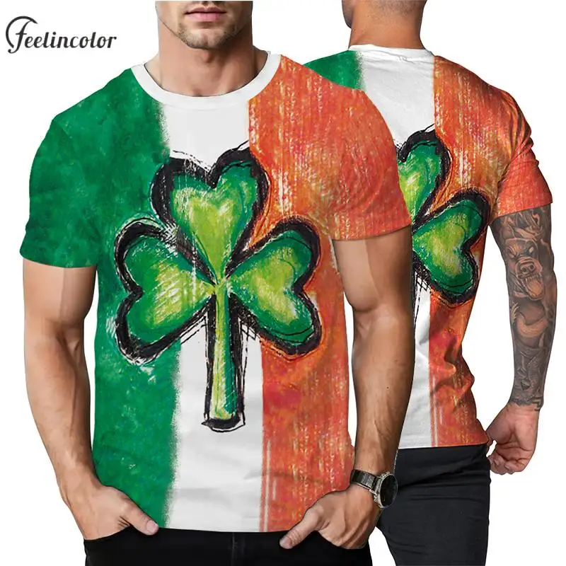 

St'patrick's Day Green Tops for Men Holiday Short Sleeved Shirt Carnival Couple Streetwear Crewnwck Tees Summer Male Clothing