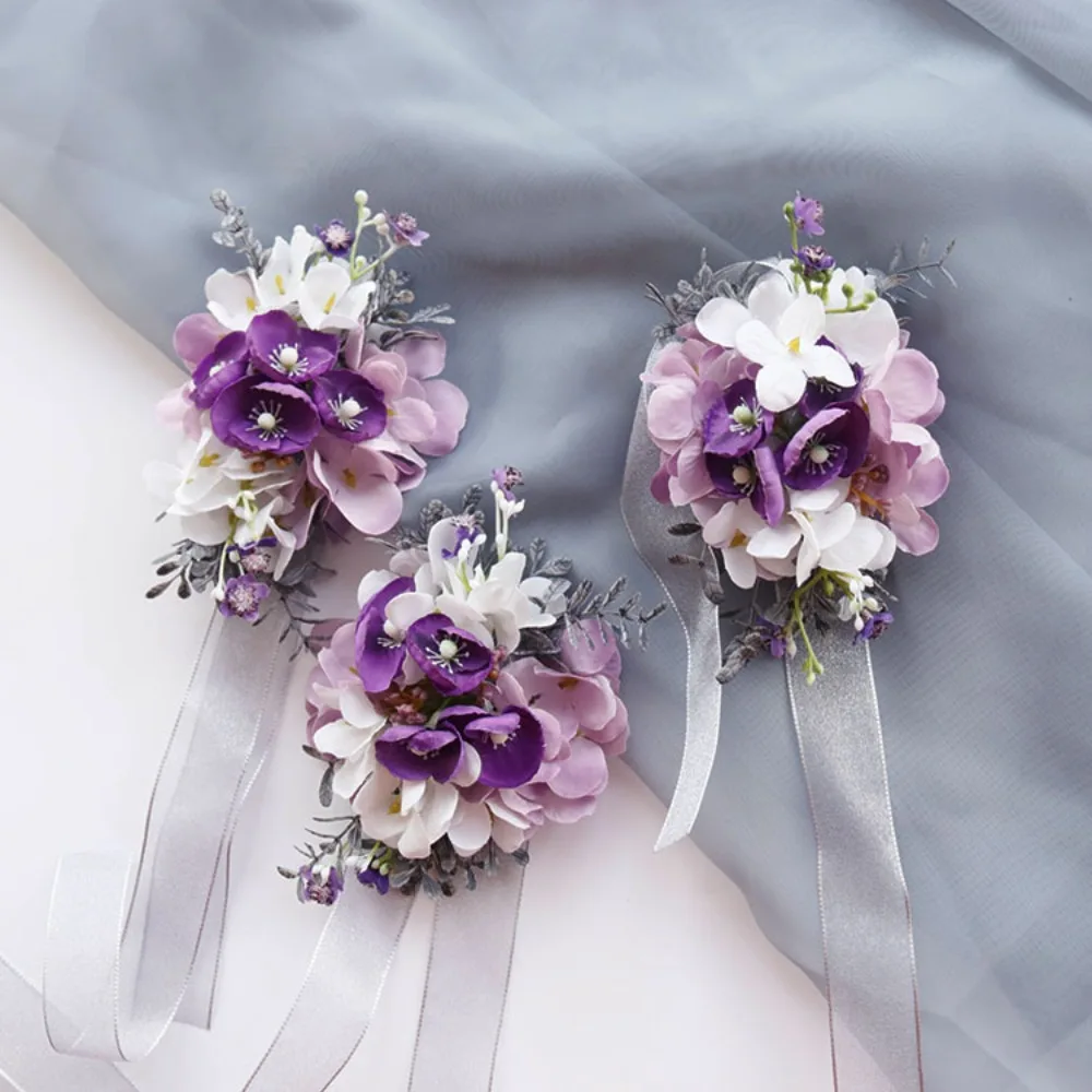 

Purple Men Groom Boutonniere Artificial Flowers Ribbon Wrist Corsage Wedding Party Marriage Accessories