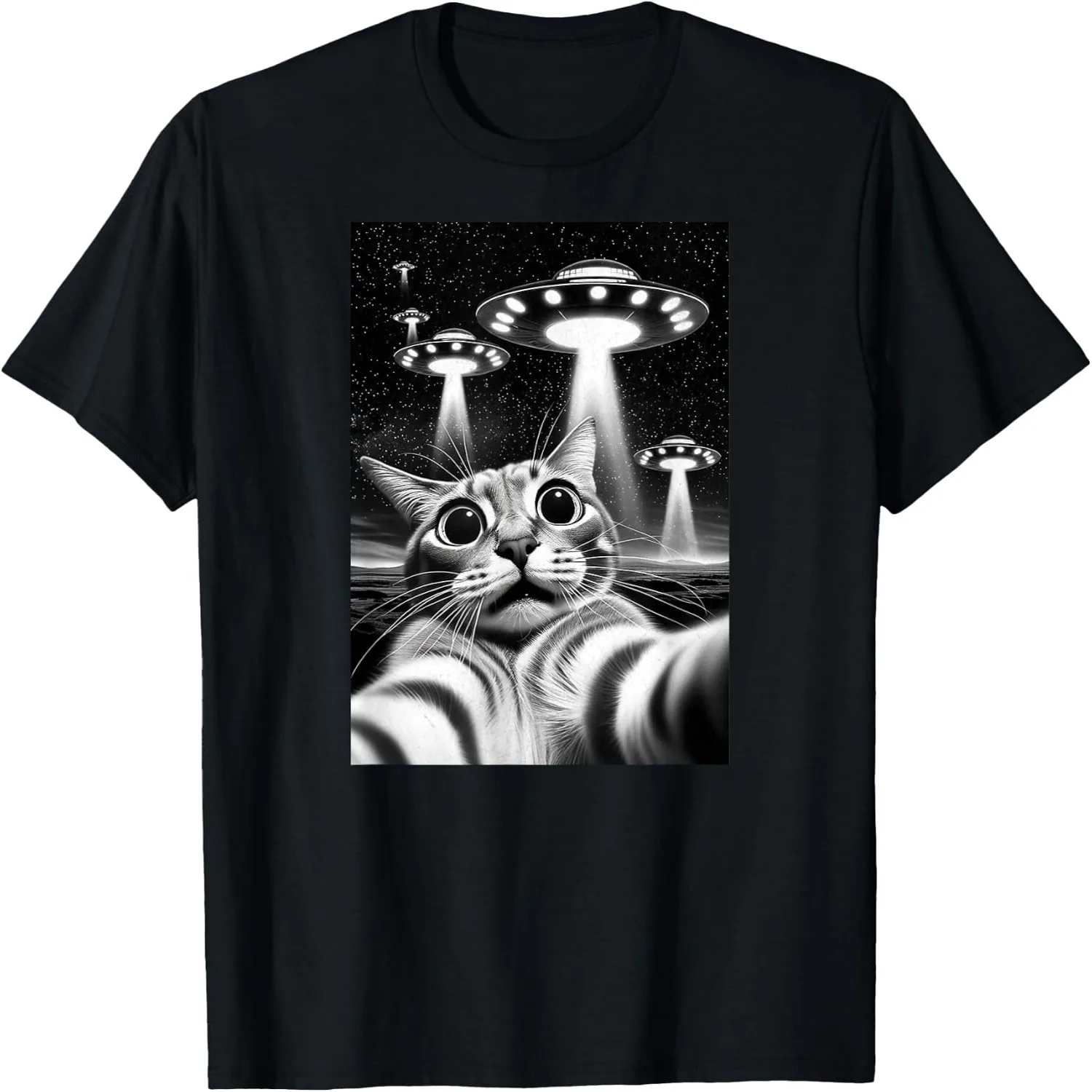 Cat UFO _ Funny Invasion Meme Retro Alien Cat UFO Selfie T-Shirt Unisex t-shirt, 100% cotton tee,