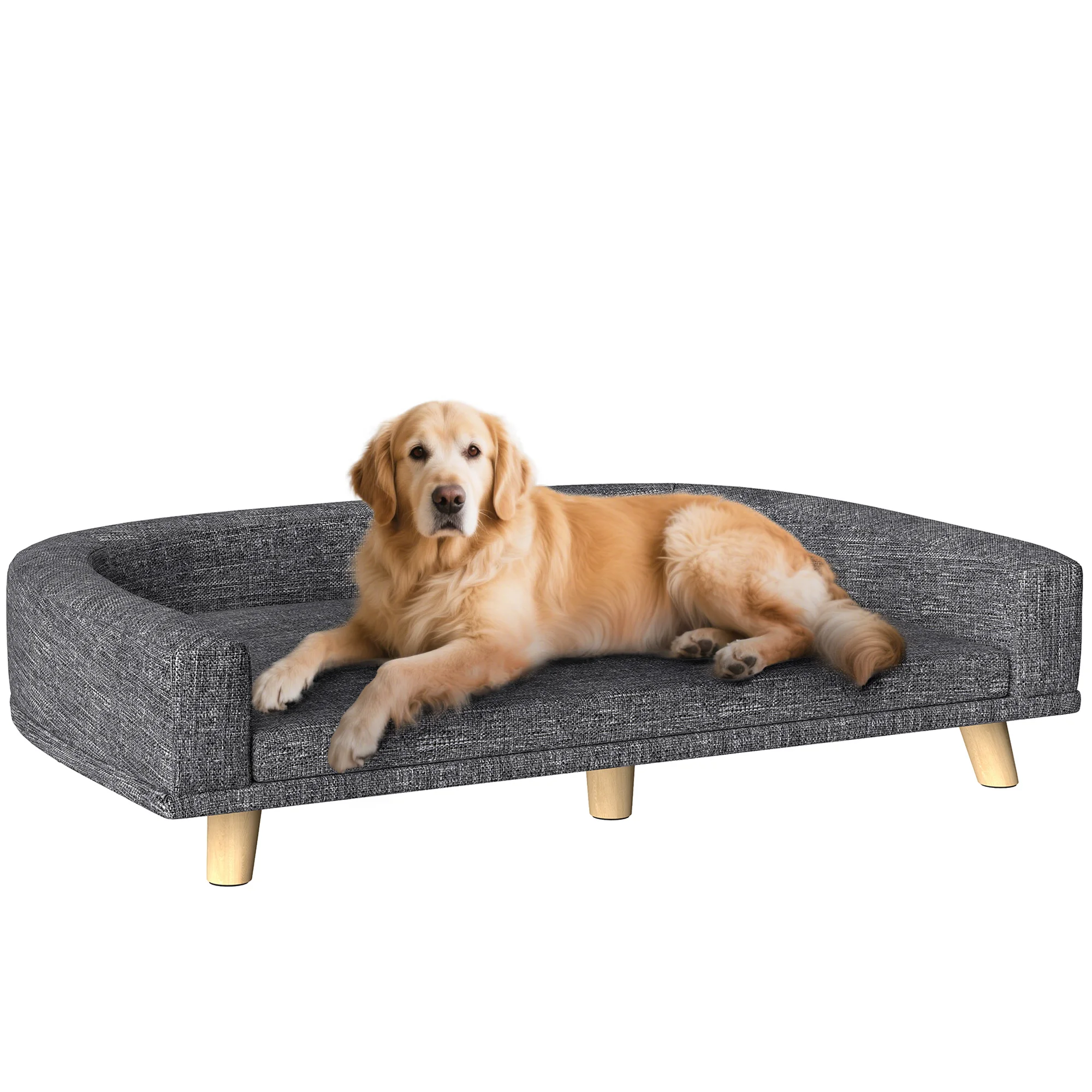 Divano Pawhut per cani di taglia grande, 98X67X25 cm, letto rialzato per cani imbottito con cuscino lavabile e gambe in legno di pino, carico 40 kg, grigio scuro