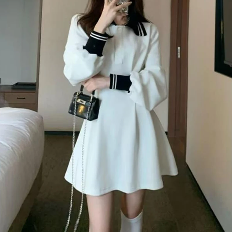 2024 Women Trendy Preppy Style Sweet Chic Polo Collar A Line Mini Dress Y2K Female High Waist Long Sleeve Slim Dresses Vestidos