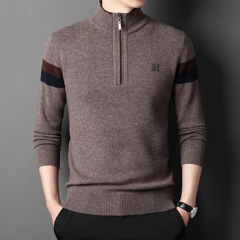 sweater Men's half high neck warm sweater autumn winter zipper sweater business middle-aged thickened knitted bottom sweater