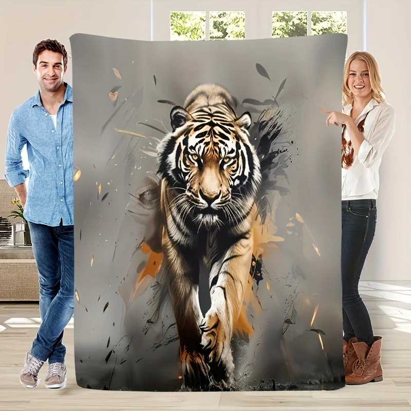 

1 шт. современное фланелевое одеяло с тигровым принтом — мягкое, теплое, всесезонный подарок для дома, офиса или путешествий, полиэстер, который можно стирать в машине