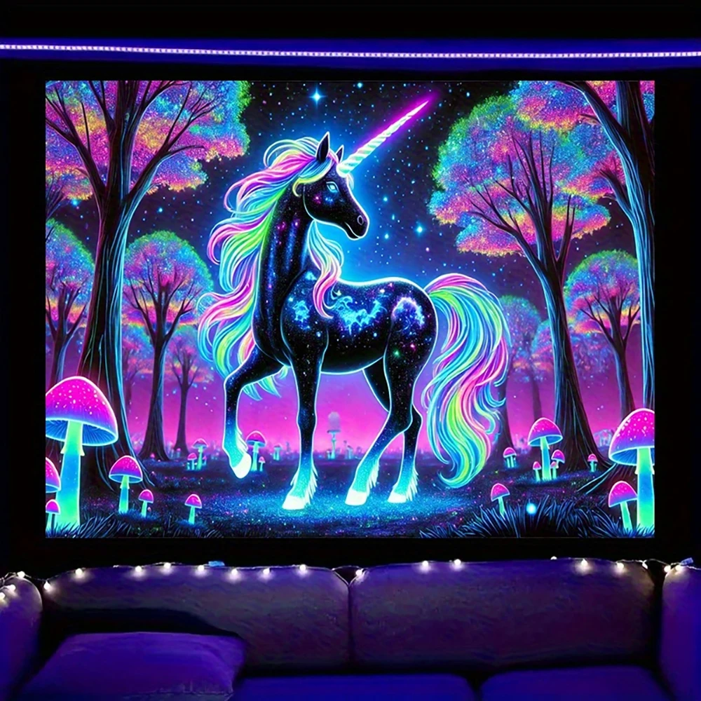 1pc  Neon Blacklight Unicorn Forest Tapestry, Glow in The Dark Psychedelic Mushroom Wall Hanging for Bedroom Living Room