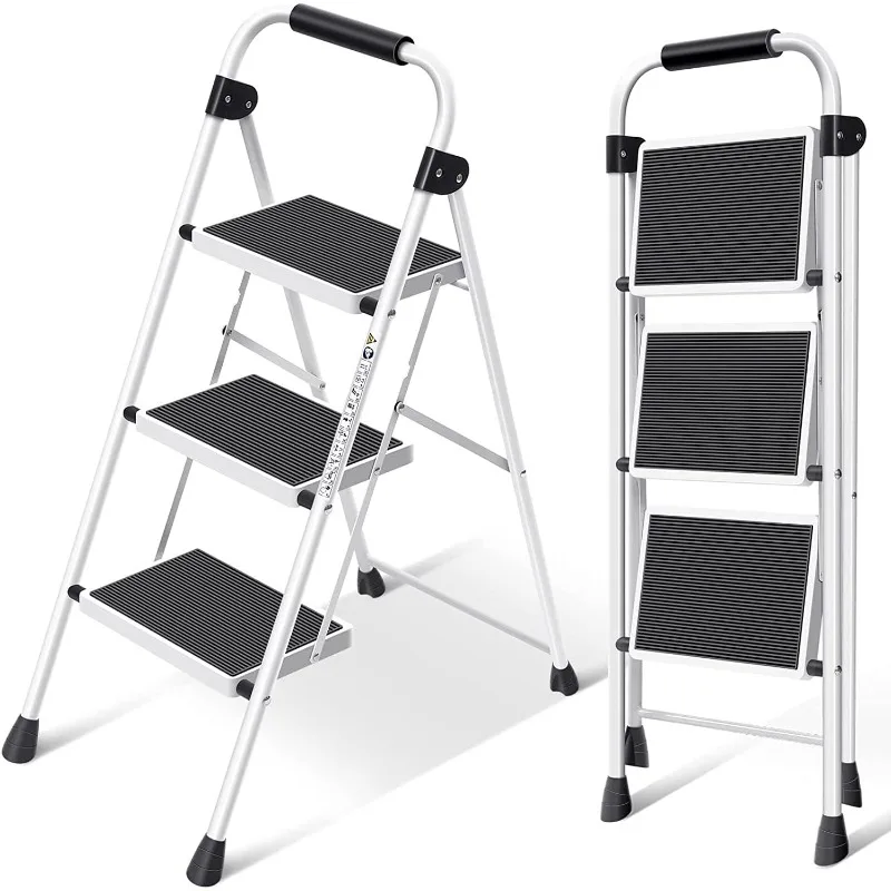 Folding Step Stool with Wide Non-slip Pedals Solid Adult Step Stool(3 Step - White)