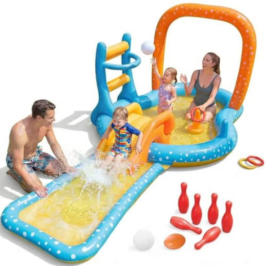 

Outdoor backyard inflatable kiddie pool with dual slides for toddlers, PVC material, blue and yellow color, quick-inflate desig
