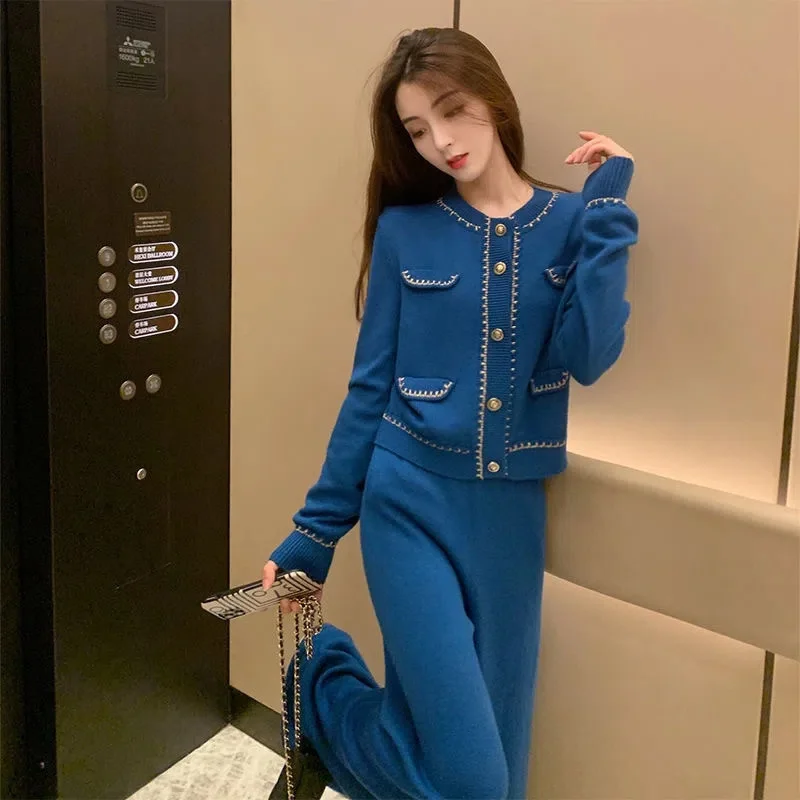 Korean Elegant Knitted Two Piece Pant Sets Women New Autumn Winter Long Sleeve Cardigan Wide Leg Pants Fashion Stylish Pant Sets