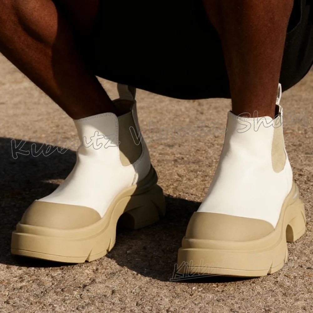 

Chelsea Ankle Boots Patchwork Leather Mixed Color Slip-On Spicy Girls Shoes Fashion Elegant Concise Sexy Round Toe Chunky Heels