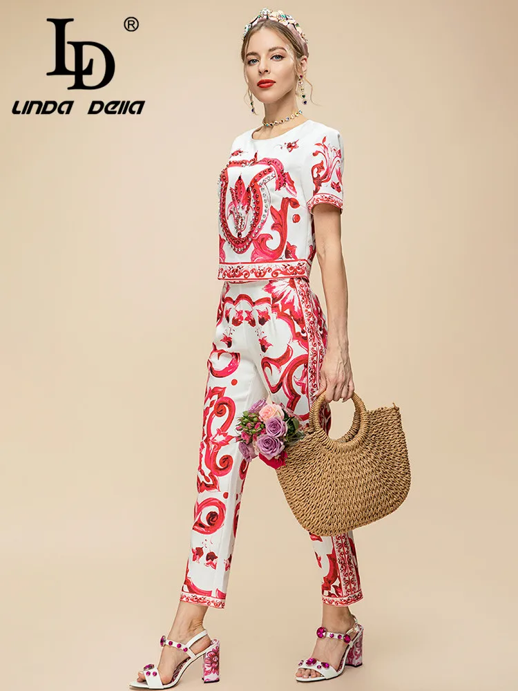 LD LINDA DELLA Summer Casual Set Women's Bohemia Wine Red Nail Bead Print Top +Slim Fit Straight Trouser 2 Pieces Set