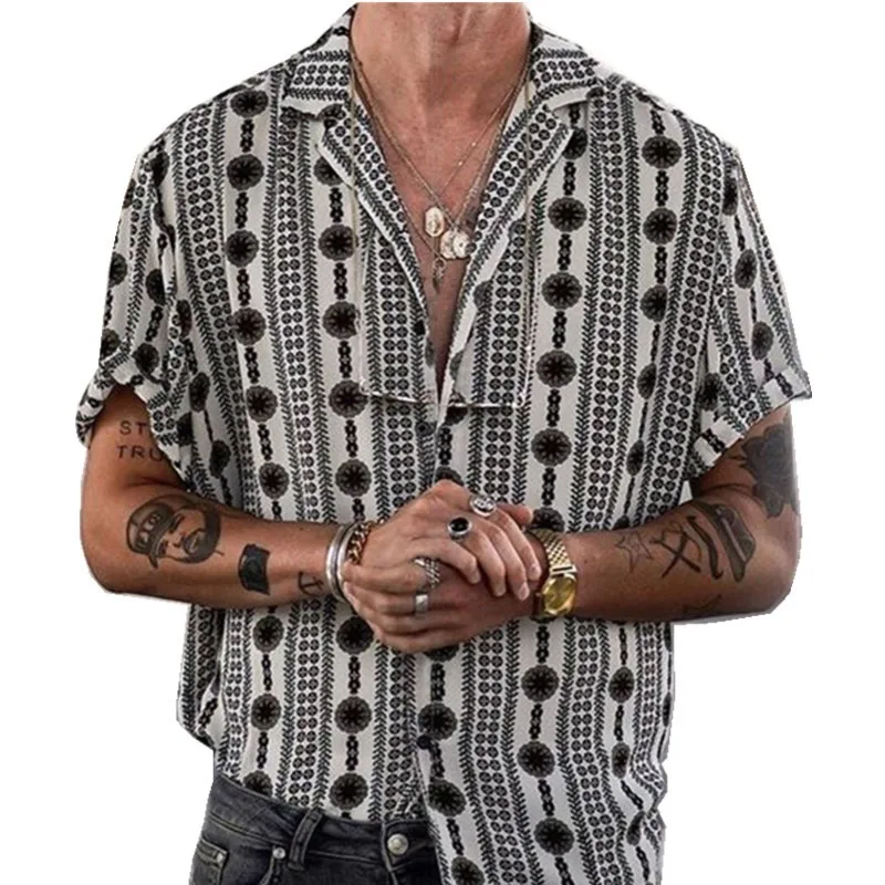 Suliamacoxy 2023 Loose Lapel Short-sleeved Men\'s Casual Shirt 4 Way Stretch Printed Ethnic Style Retro Summer Clothing for Men