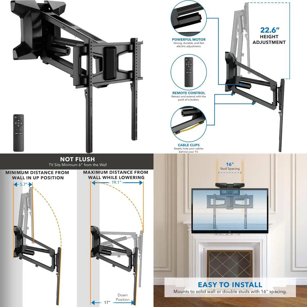 電動式暖炉テレビマウント、リモコン付き、電動プルダウン、最大77ポンドまで対応