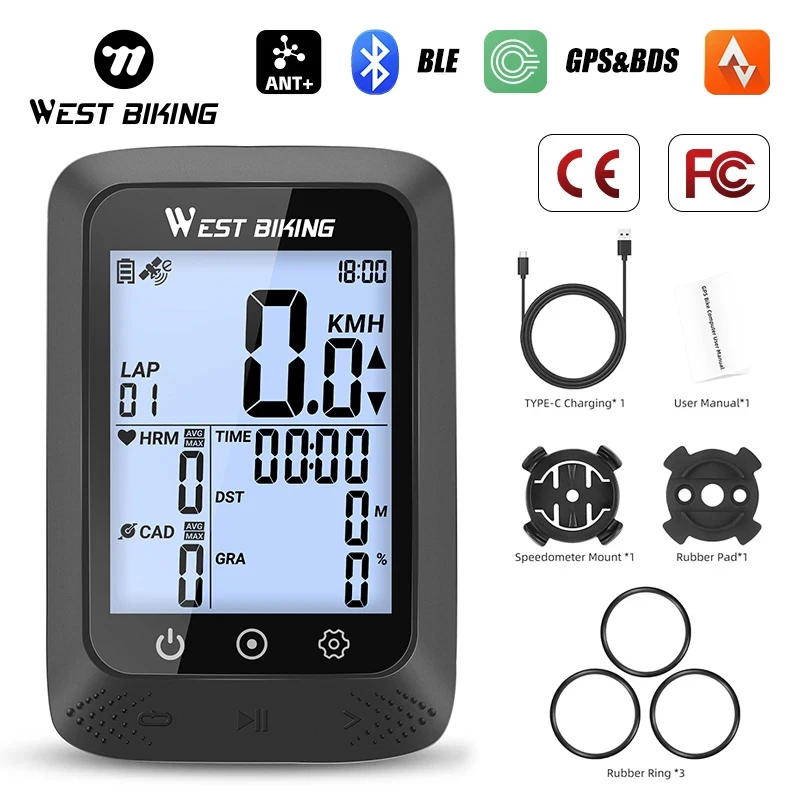 WEST BIKING Bicycle GPS Computer IPX7 Waterproof Wireless 5.0 ANT Bluetooth Speedometer Automatic Backlight Bike Speed Sensor