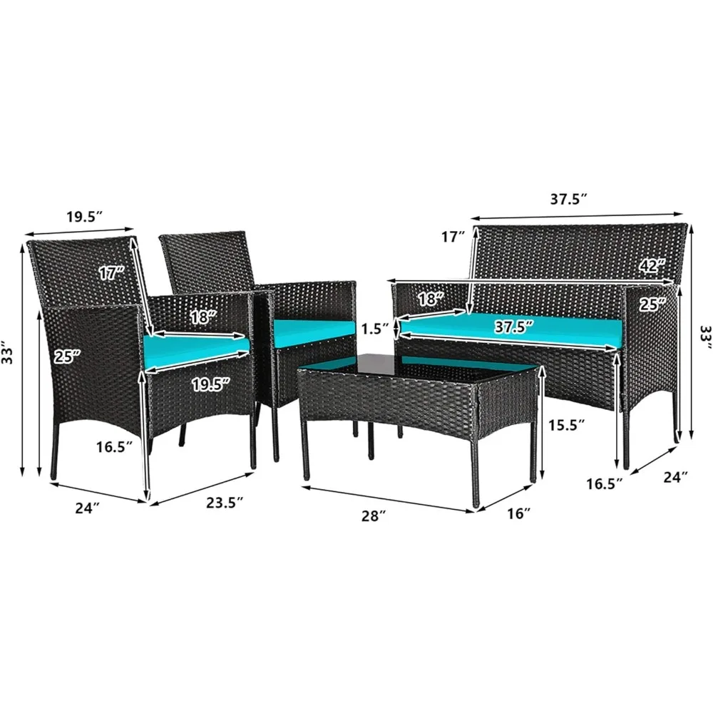 مجموعة أثاث الفناء مكونة من 4 قطع: مجموعة محادثة الروطان مع طاولة قهوة ووسائد، طقم أريكة من الخيزران للاستخدام الخارجي مثالي لحمامات السباحة