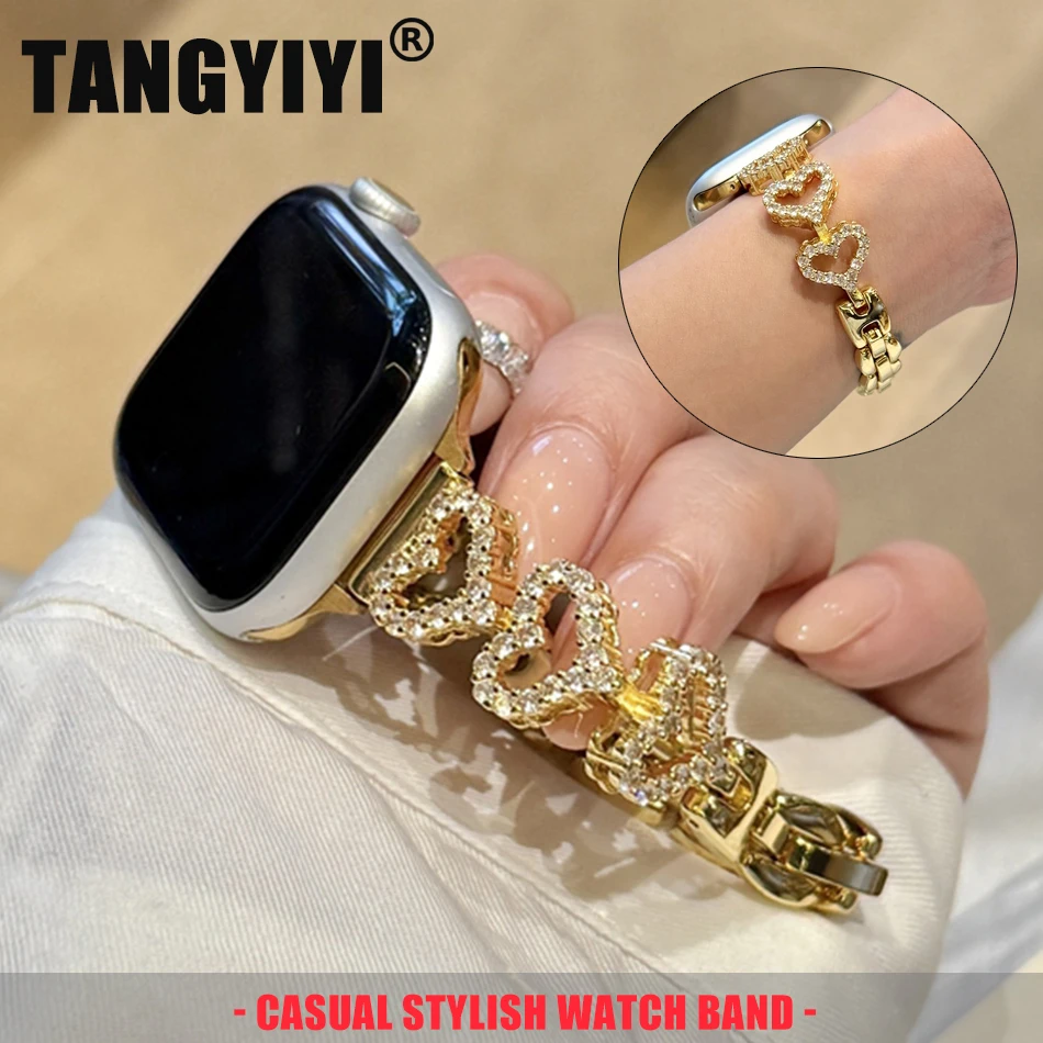 

Luxury Heart Diamond Bracelet For Apple Watch Band S11/10/9/8/7/6/5/SE/Ultra iWatch Copper Metal Strap 49/46/45/44/42/41/40/38mm