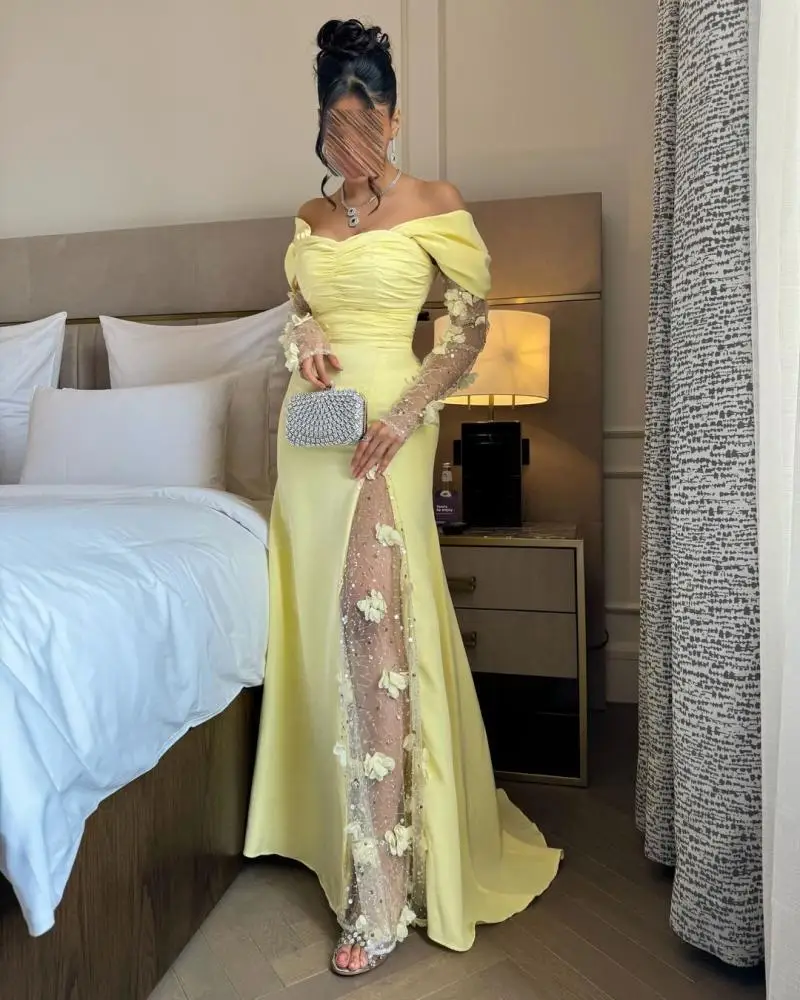 Jirocum jaune épaules dénudées 3D fleur maille fente à manches longues robes de traînée de luxe formel bal Gala tapis rouge robes de soirée