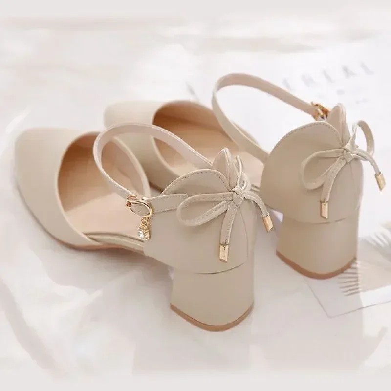 2024 Pumps Women Bow Mid Heels Two-Piece Shoes Buckle Pointed Toe Footwear Ladies Summer Elegant Shoes Female Beige apricot