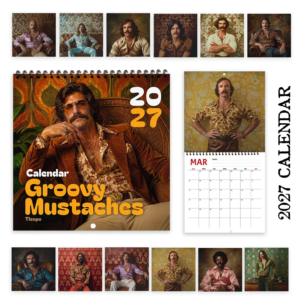 1pc 2027 Vintage Bearded Man Wall Calendar,12‑Month Planner,Gift For Back‑to‑School,Christmas,New Year,Free Stickers Included