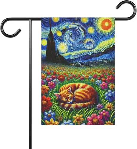 Starry Night Cat Garden Flag Sleeping Orange Cat in Flower Field, 12x18