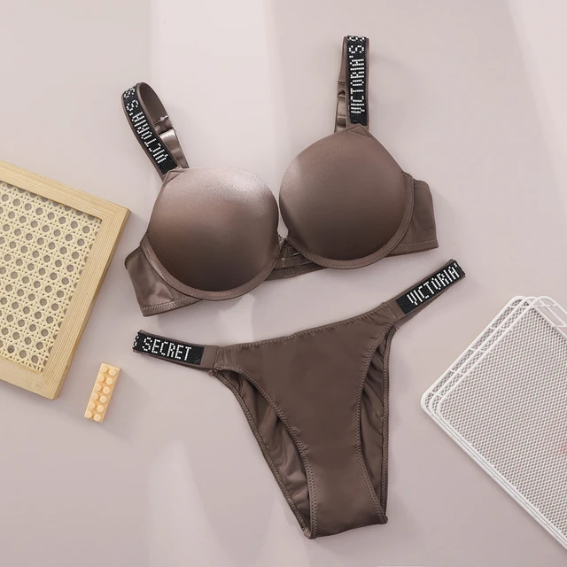 Victoria Secret Hot Sexy Lingerie Set Very Sexy Logo Shine Strap Push Up Bra With Shine Script Thong Panty 5