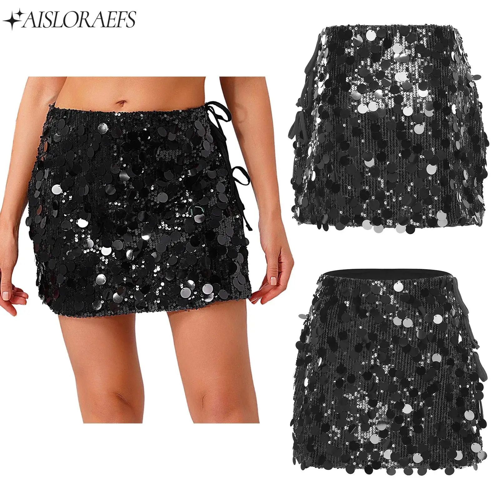 

Womens Sexy Sparkly Sequin Miniskirt Mesh Fully Lined Side Slit Lace-up Bodycon Fashion Skirt for Jazz Dance Rave Party Clubwear