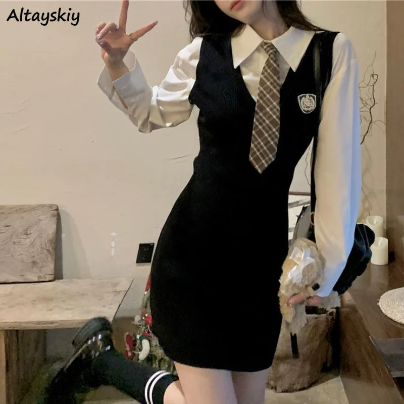 Fake Two Pieces Dresses Women Patchwork Special Preppy Style Personality Tender Ulzzang Korean New Aesthetic Modern Creativity