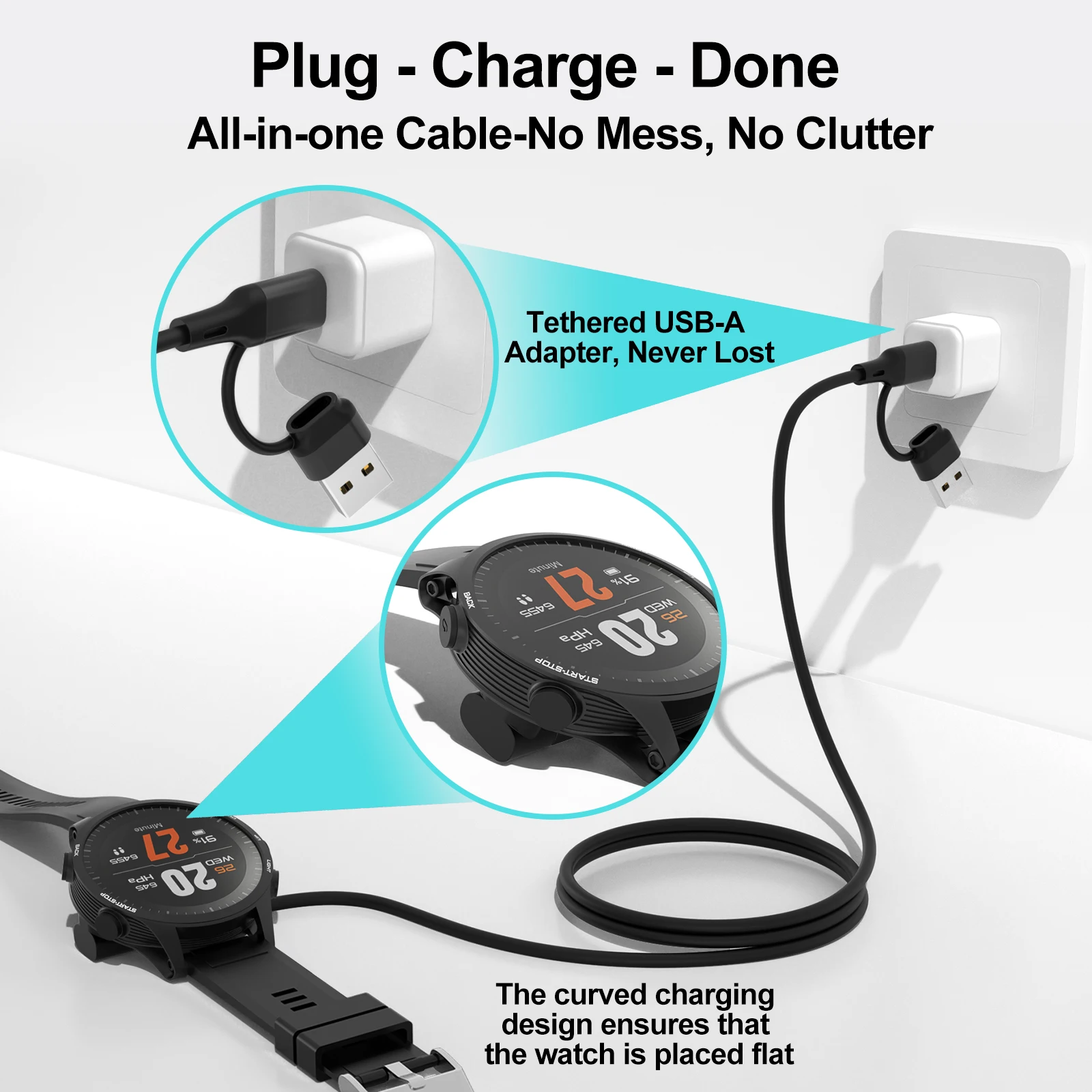 Cable cargador de reloj USB/Tipo C 2 en 1 para Garmin Fenix 8/E/7/7S/6/6X Venu2/Sq2/3/3S Instinct 3/2 Approach S70/S62/S42 Quatix 8/7/6