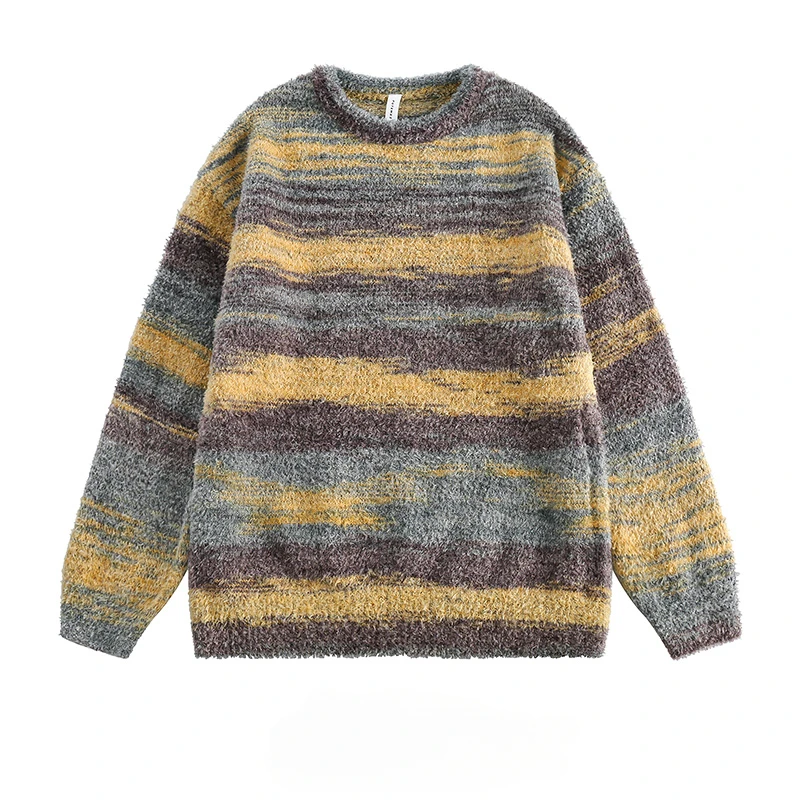 

American Retro Color Block Gradient Striped Pullovers Sweater Men's Korean Lazy Style Soft Waxy Casual Versatile Couple Knitwear