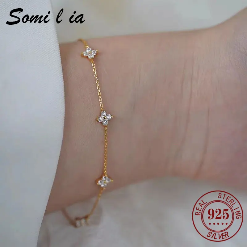 

SOMILIA 925 Sterling Silver Plated 18k Gold Shiny Zircon Flower Bracelet for Women Girl Korean Temperament Exquisite Jewelry